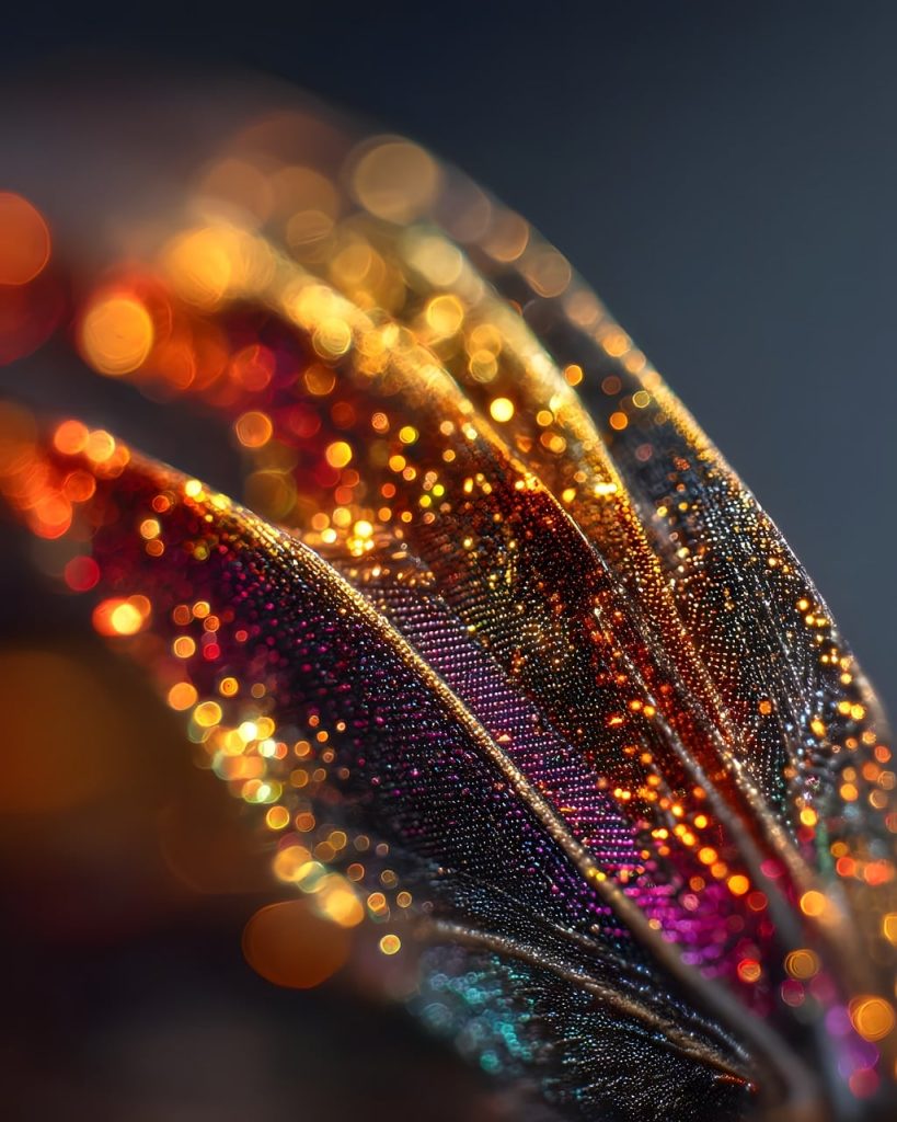 butterfly wing, scales, macro photography, golden, cyan, magenta, glowing, fractal, detail, color contrast, bright, artistic, dazzling, bokeh effect, image detail, radiant, texture, delicate, color gradients, translucent, stripes